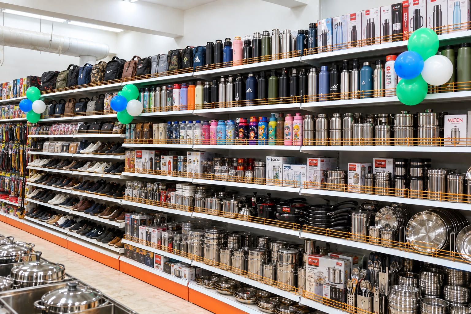 Fancy, footwear, bottles and cookware displayed inside Perin Supermarket