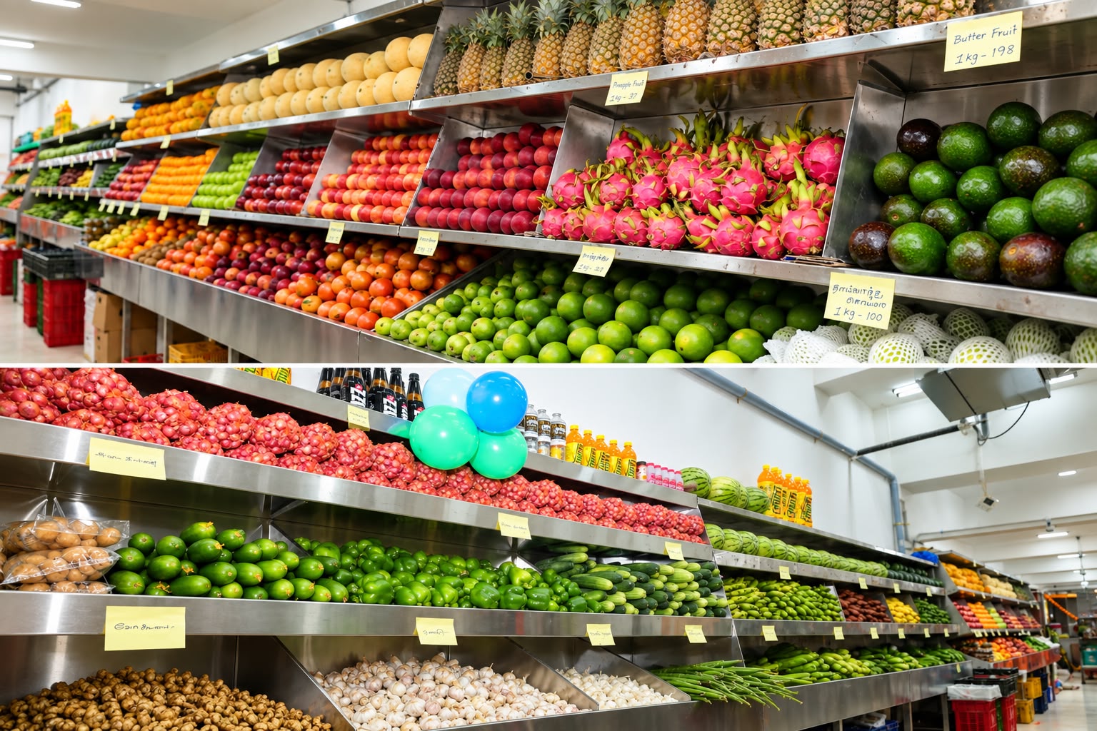 Fresh fruits and vegetables displayed inside Perin Supermarket
