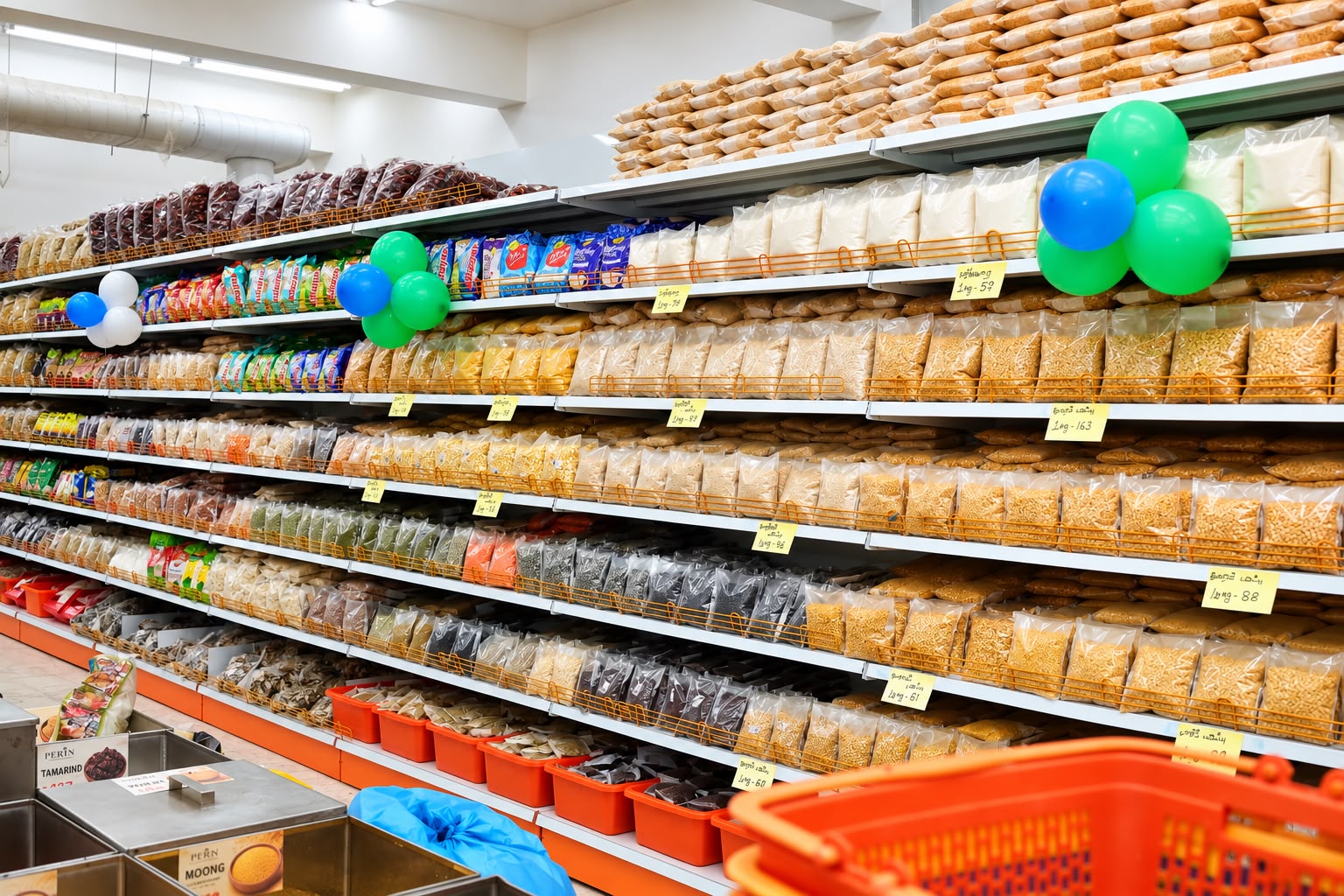 Packed grocery staples displayed inside Perin Supermarket